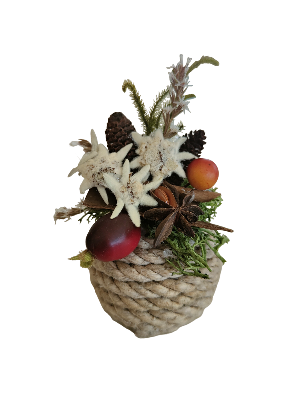 Hand decorated rope ball with edelweiss and dried flowers