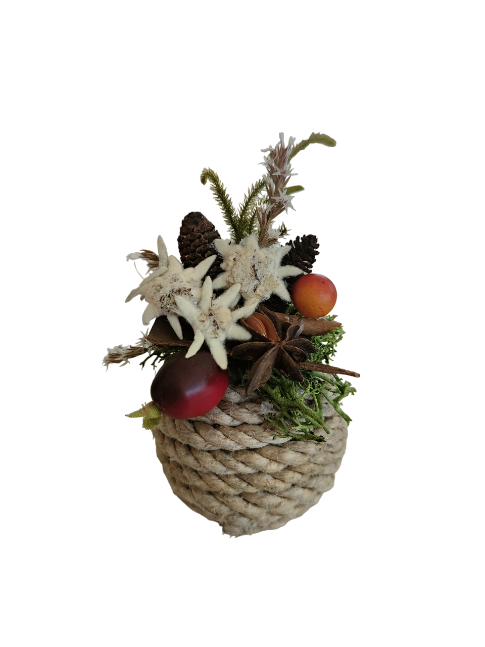 Hand decorated rope ball with edelweiss and dried flowers