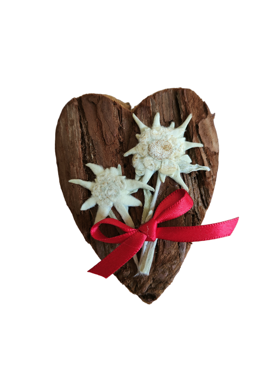 Heart in wood and bark decorated by hand with real edelweiss