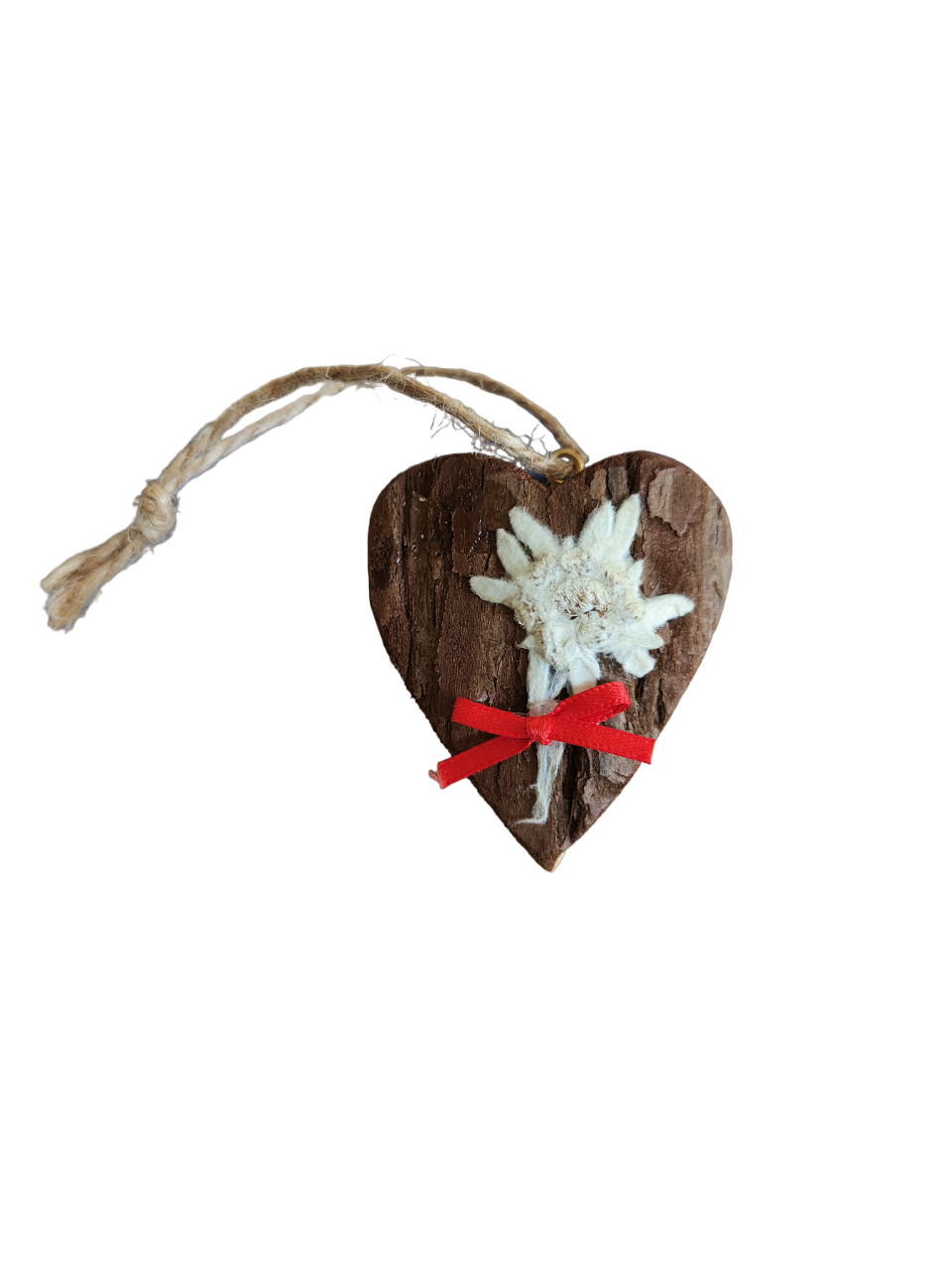 Heart in wood and bark decorated by hand with real edelweiss