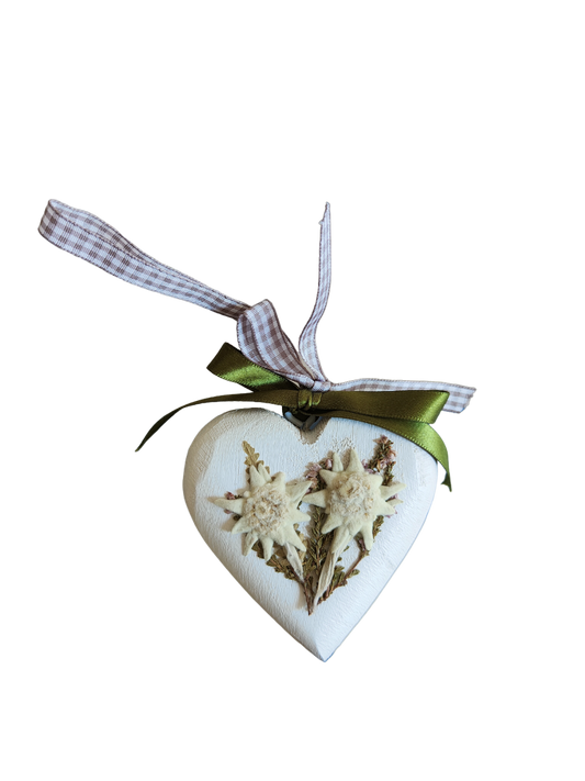 Hand decorated white wooden heart with assorted bow and real edelweiss