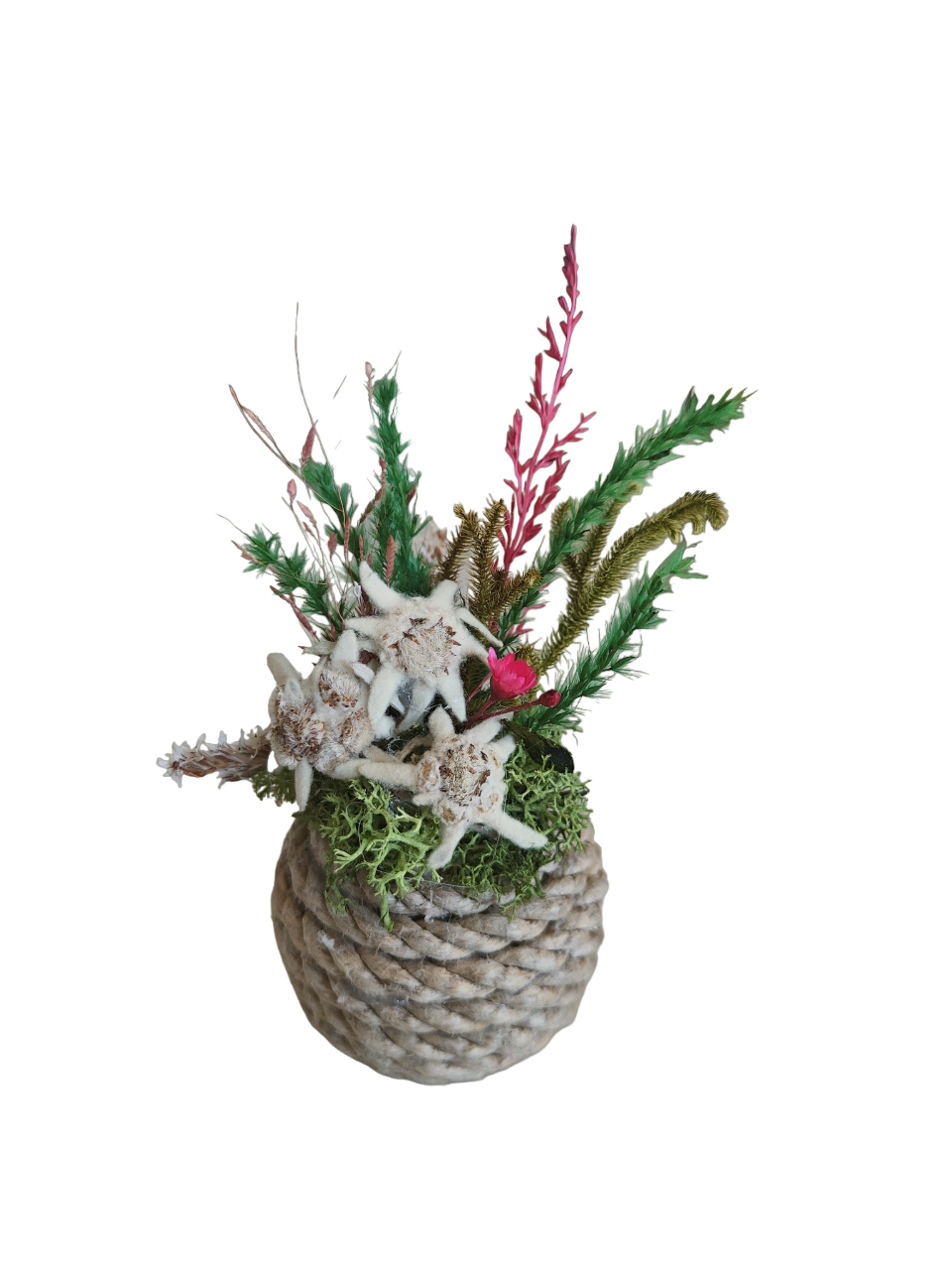 Hand decorated rope ball with edelweiss and dried flowers