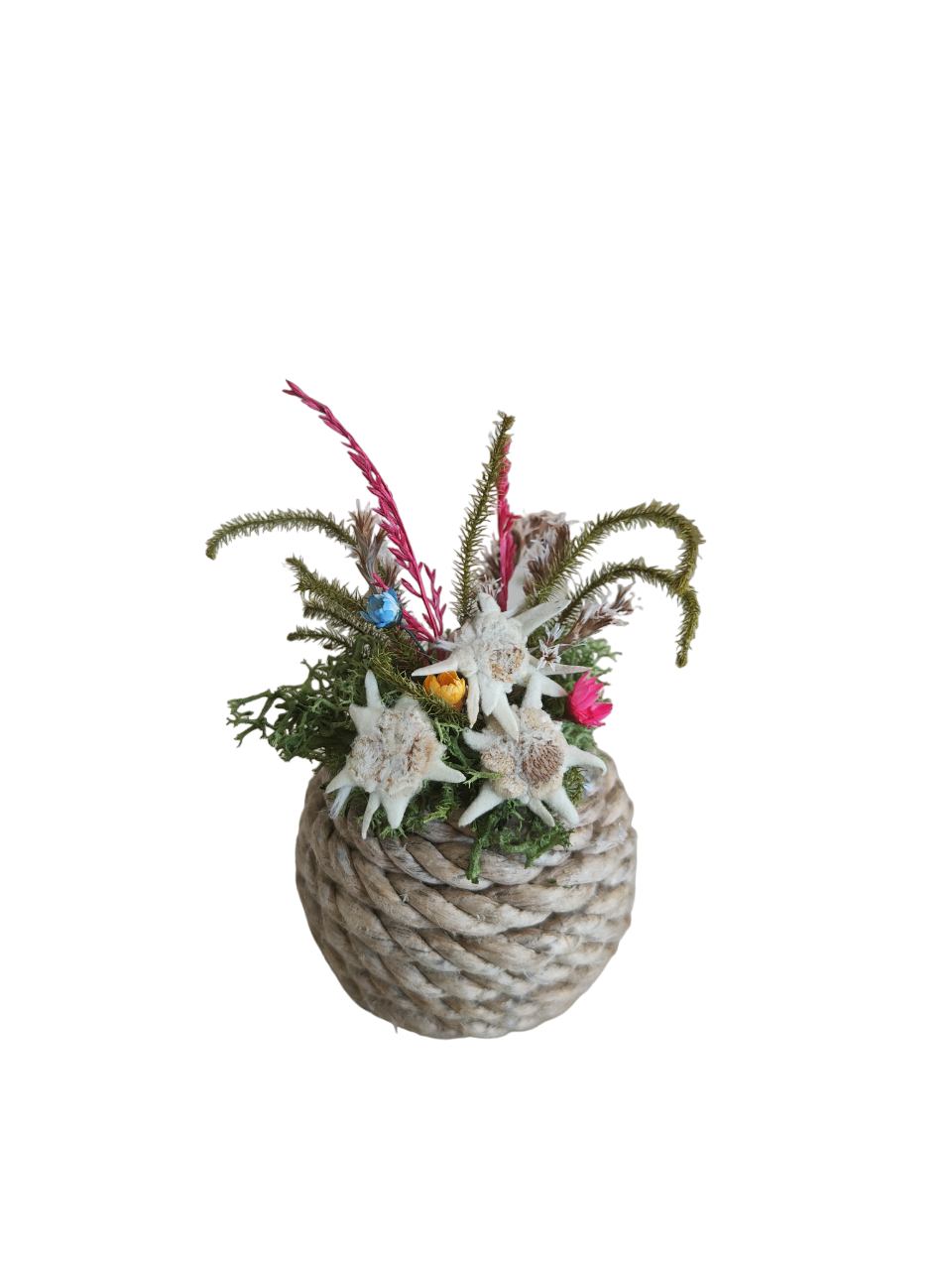 Hand decorated rope ball with edelweiss and dried flowers