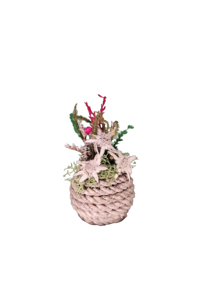 Hand decorated rope ball with edelweiss and dried flowers