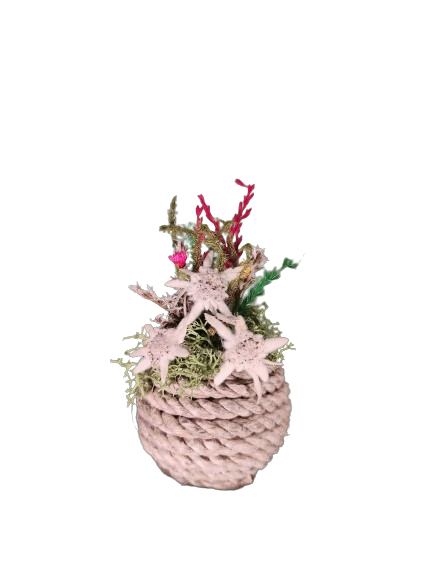 Hand decorated rope ball with edelweiss and dried flowers