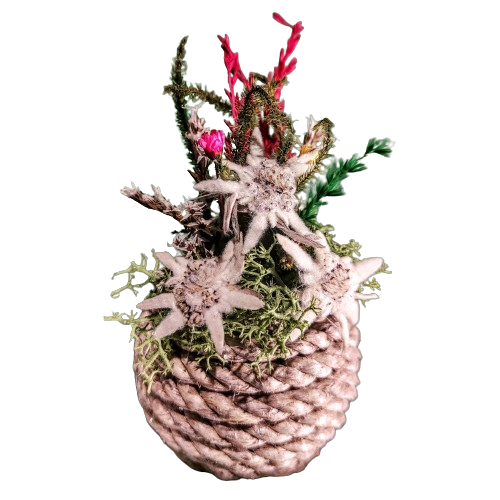 Hand decorated rope ball with edelweiss and dried flowers