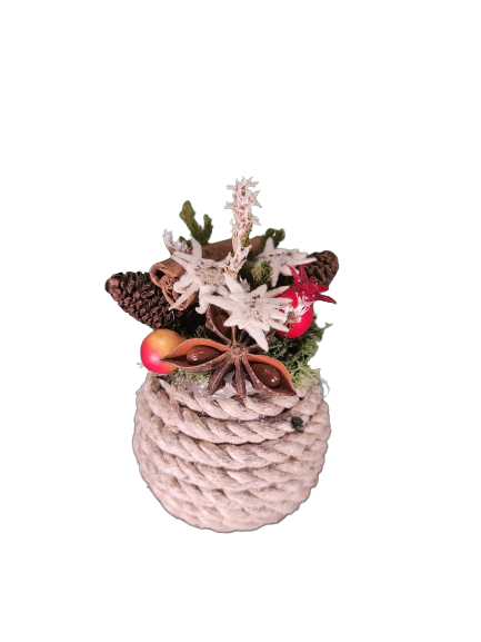 Hand decorated rope ball with edelweiss and dried flowers