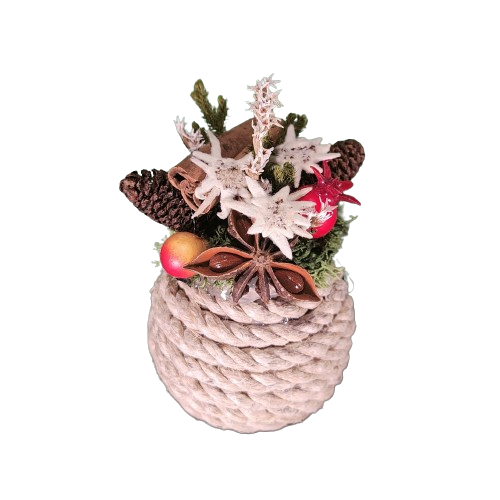 Hand decorated rope ball with edelweiss and dried flowers