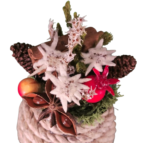 Hand decorated rope ball with edelweiss and dried flowers