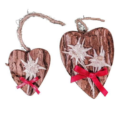 Heart in wood and bark decorated by hand with real edelweiss