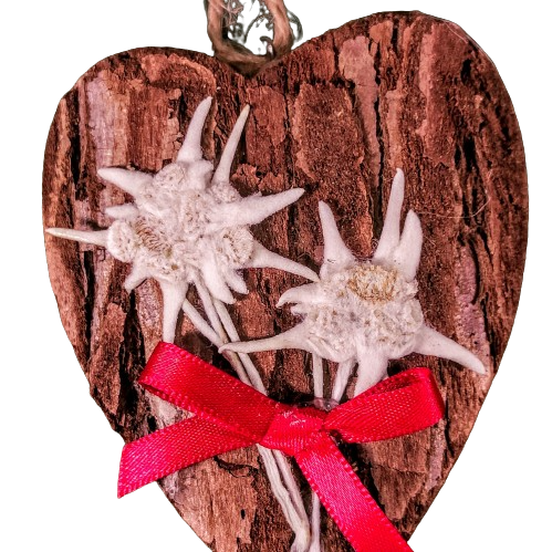 Heart in wood and bark decorated by hand with real edelweiss