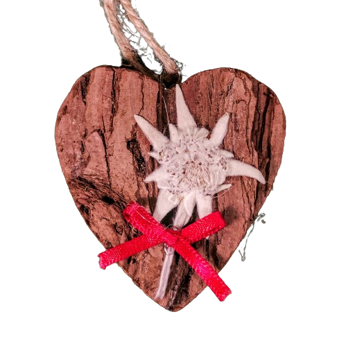 Heart in wood and bark decorated by hand with real edelweiss