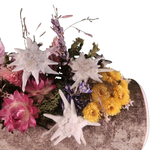 Tronchetto decorato a mano con fiori secchi e stelle alpine vere